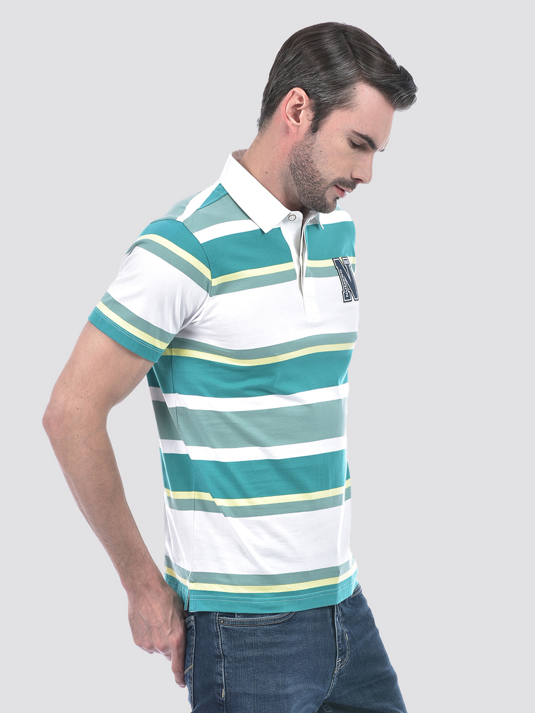 Numero Uno Men Green Striped Polo T-Shirt